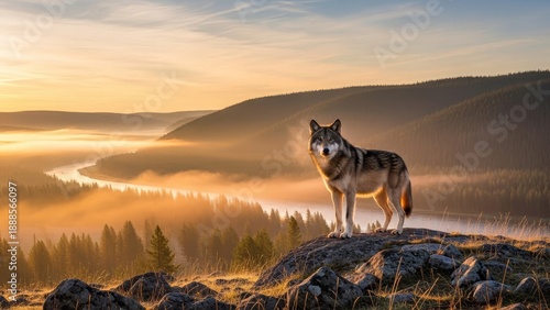 A portrait of a cute Siberian husky pet, a white and black canine friend standing as a domestic animal on a mountain against a nature sunset
