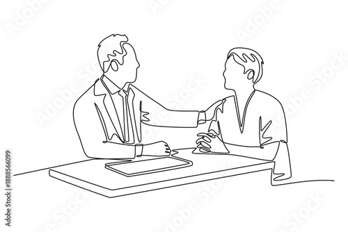 Male doctor and young male patient while consult and explain. Doctor visit and consul concept. Single line draw design. Full length animation illustration. High quality 4k footage