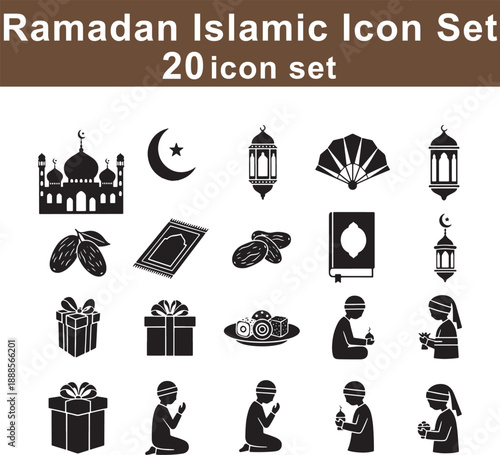 20 black silhouette Islamic Ramadan including mosque, moon, lanterns, dates, book, gifts, prayer