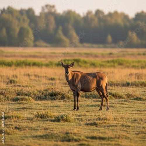 A brown horse and its baby graze in a wild green field and meadow landscape, capturing the serene nature of a farm animal in the blue wilderness