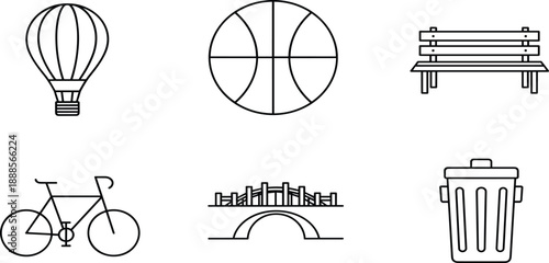 Minimalist park line icons featuring hot air balloon, basketball, park bench, bicycle, city bridge, and public trash can for urban design.