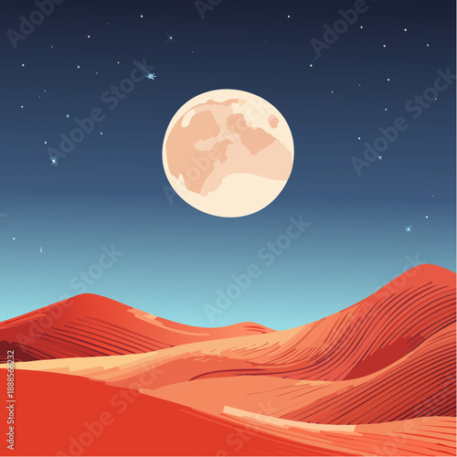 Stylized red desert dunes under a dark blue night sky with a bright haloed moon