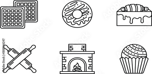 Set of minimal bakery line icons featuring waffles, glazed donut, cake slice, rolling pins, brick oven, and gourmet chocolate cupcake.