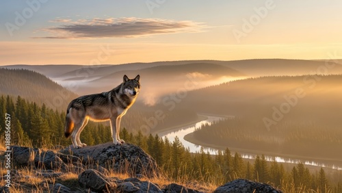 A portrait of a cute Siberian husky pet, a white and black canine friend standing as a domestic animal on a mountain against a nature sunset