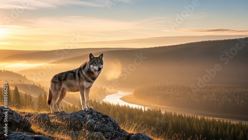 A portrait of a cute Siberian husky pet, a white and black canine friend standing as a domestic animal on a mountain against a nature sunset