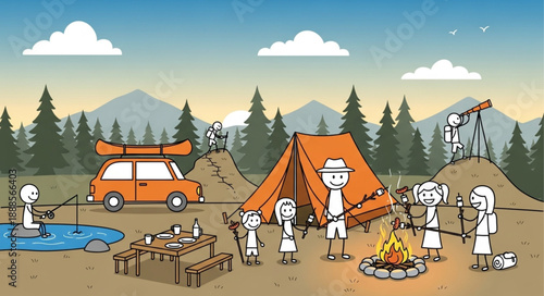 Cartoon people enjoying a camping trip with tents and car.