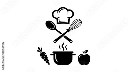 Chef hat with cooking utensils and ingredients icon.