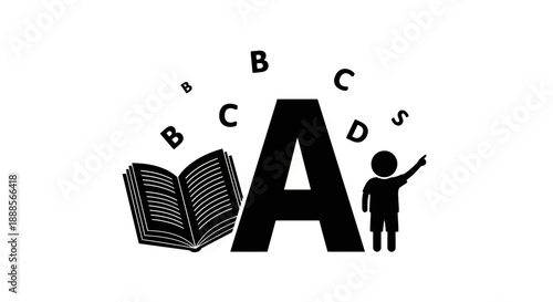 Child learning alphabet from open book with floating letters.