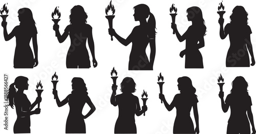 Silhouettes of women holding lanterns in various poses and styles