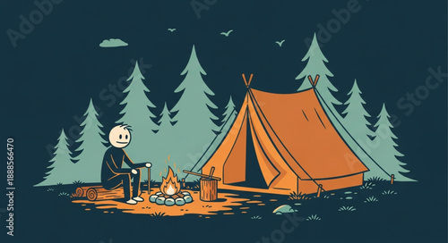 Cartoon character sitting by a campfire next to a tent in the woods at night.