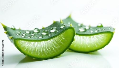 Two fresh aloe vera slices with water drops sit on white background. Gel within plant is translucent, showing its juicy texture. Natural remedy for skin.