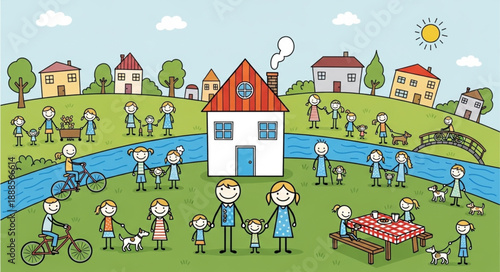 Cartoon Community Life With Families Houses and Nature.
