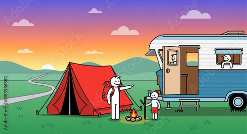 Cartoon family enjoying a camping trip with a caravan and tent.