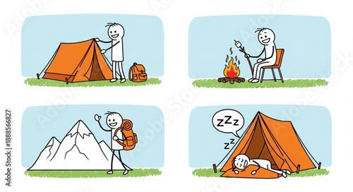 Cartoon illustration of a person camping and hiking adventure.