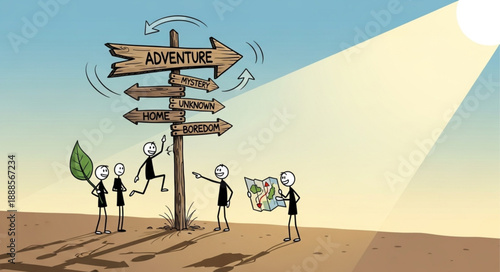Cartoon people choosing direction at adventure signpost.