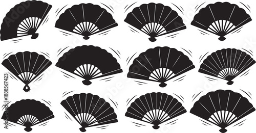 Collection of black and white folding fans isolated