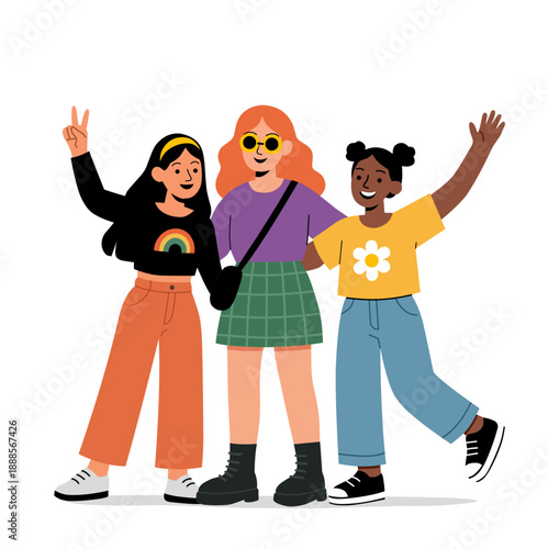 Diverse young women standing together smiling—flat vector illustration