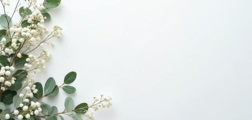 Minimalist flat lay photo with white baby breath flowers and eucalyptus leaves on white background. Top view for wedding or spring themes. Copy space available for text.