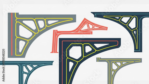 Colorful architectural bridge elements with geometric patterns on white background for design and engineering concepts
