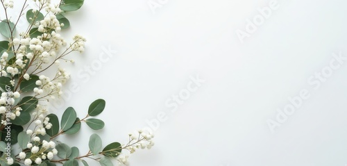 Minimalist flat lay photo with white baby breath flowers and eucalyptus leaves on white background. Top view for wedding or spring themes. Copy space available for text.