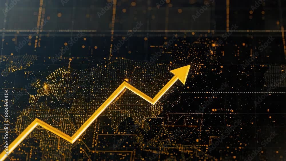 Golden upward arrow chart digital world map showing finance data growth ...
