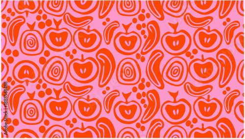 Vibrant fruit pattern with apples and bananas on pink background