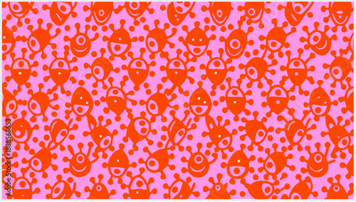 Vibrant pink and orange abstract pattern with cute cartoon faces