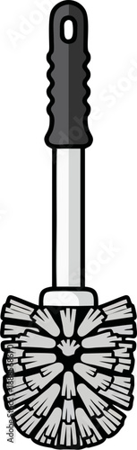 Flat cartoon vector illustration of black-handled toilet brush with gray bristle head, ergonomic grip and dense brush fibers, isolated bathroom cleaning icon