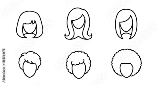 Collection of six different hairstyles for women in outline style.