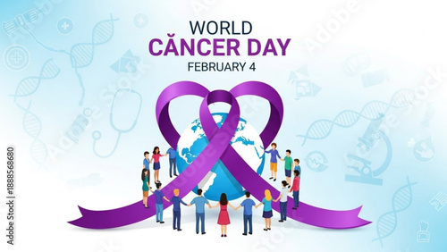 World cancer day awareness illustration with purple ribbon and diverse people around the globe