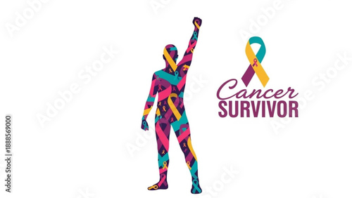 Vibrant cancer survivor silhouette with ribbon symbol on white background