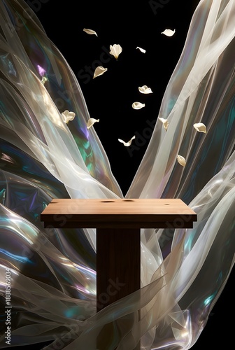 Elegant wooden podium surrounded by iridescent flowing fabric with golden petals gracefully descending, creating a serene and ethereal ceremonial display