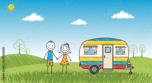 Children holding hands next to a colorful camper trailer in a grassy field.