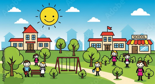 Children playing at a sunny school playground with buildings and trees.