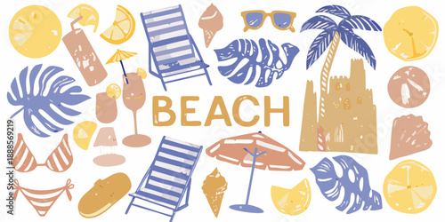 A colorful hand drawn illustration depicting various summer and beach themed items