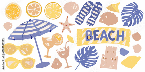 A colorful summer collection featuring beach elements and citrus fruits