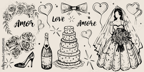 Vintage wedding themed sketch with hearts cake and bride illustration