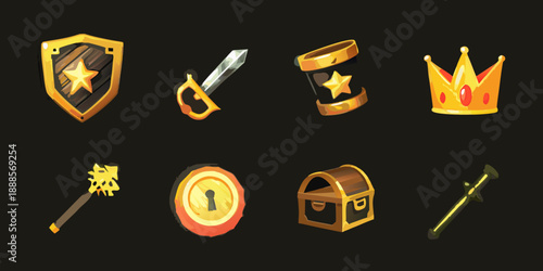 Collection of fantasy icons shields swords crowns and magical items