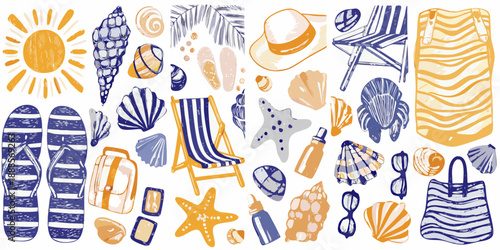 A colorful hand drawn collection of summer beach elements and marine life