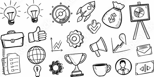 Hand drawn business and innovation icons with lightbulbs and a rocket