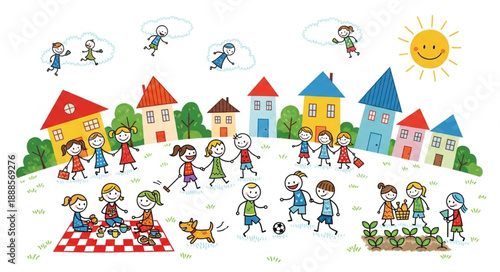 Children playing happily in a colorful village setting.