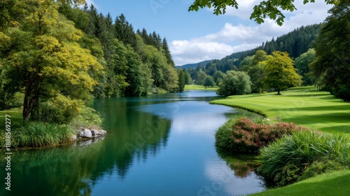 Scenic golf course lake reflecting green trees