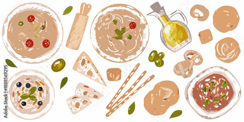 A colorful illustration showcasing various italian foods and ingredients