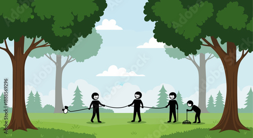 Children playing tug of war in a park.