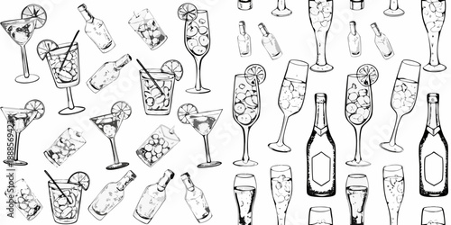 A black and white seamless pattern of various cocktail glasses and bottles
