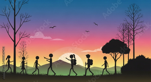 Children walking together at sunset with backpacks.