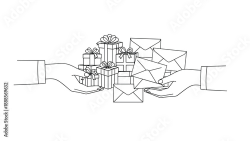 Hands exchanging gifts and envelopes symbolizing the spirit of giving and receiving during Eid al-Fitr representing generosity charity and festive greetings, Generative AI.