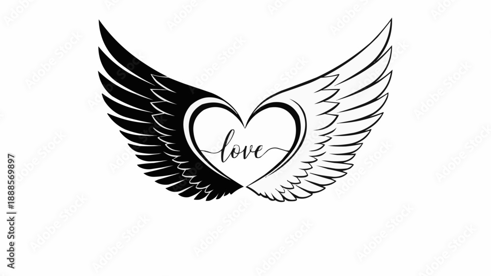 Fototapeta premium Heart with wings and love text graphic.