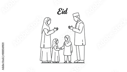 A Muslim family celebrating Eid al-Fitr with parents and children exchanging greetings and blessings embodying family love and festive togetherness, Generative AI.