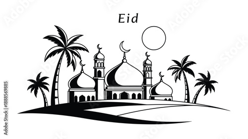 A scenic view of an Islamic mosque with palm trees under a full moon and crescent moon representing the beauty of Islamic architecture and the spirit of Eid in a tropical setting, Generative AI.
